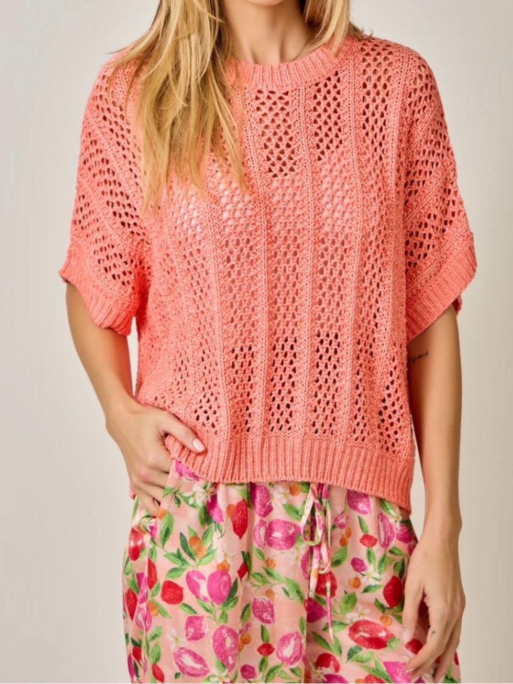 NWT MYSTREE Crochet Dolman Sweater Pink sz S
